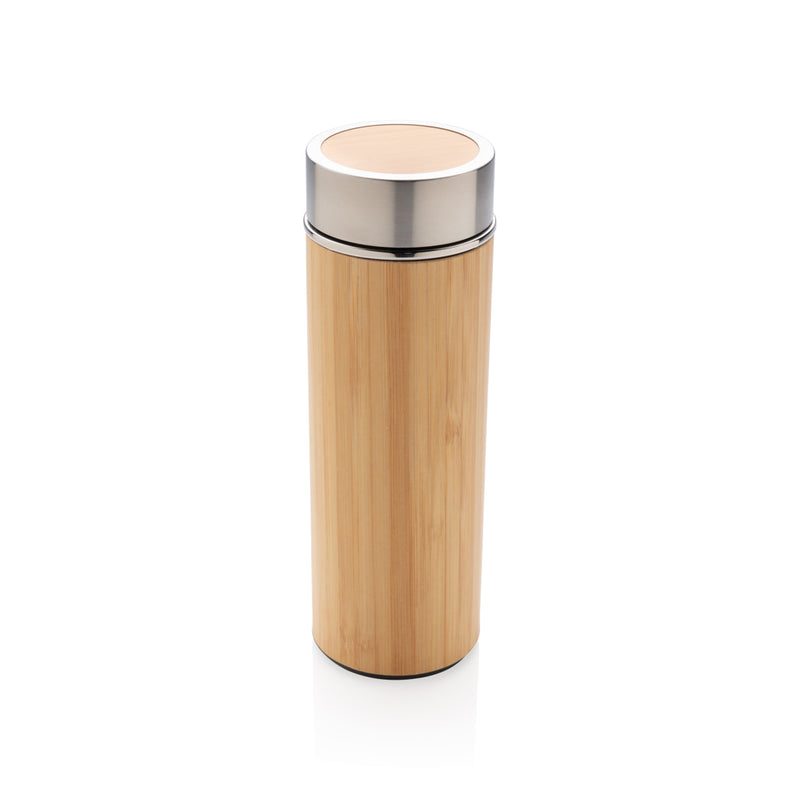 Load image into Gallery viewer, Leak-proof bamboo vacuum bottle from XD Collection, showing sleek drinkware with bamboo exterior and secure lid.