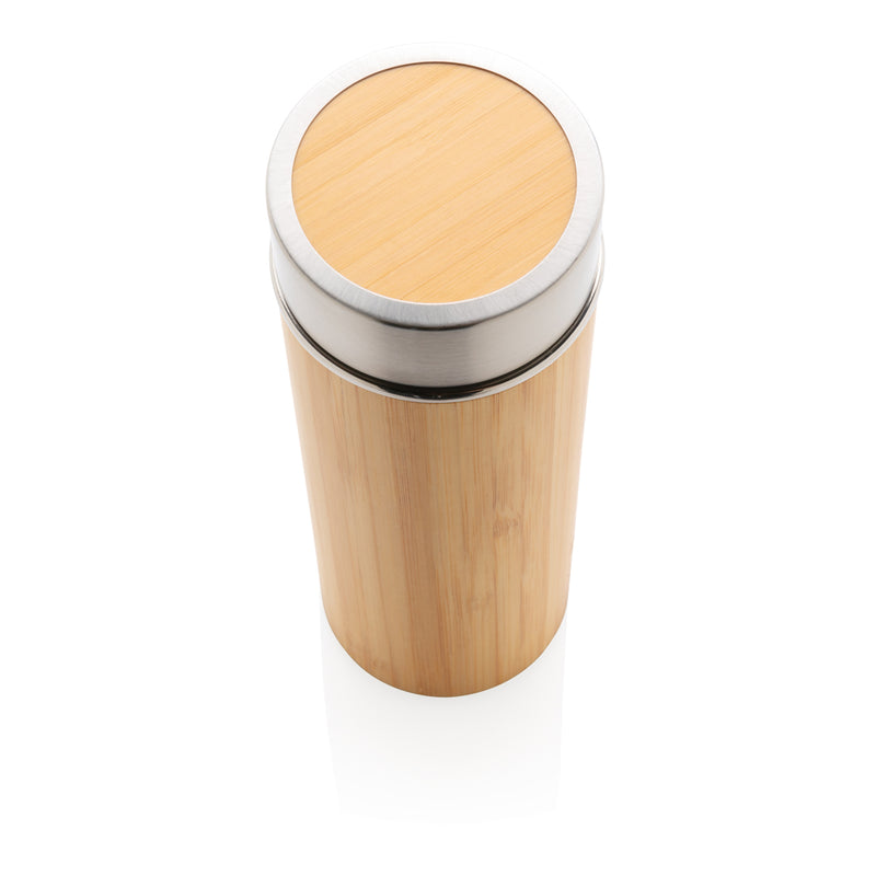 Load image into Gallery viewer, Leak-proof bamboo vacuum bottle by XD Collection, showing a sleek drinkware design with bamboo accents and secure lid.
