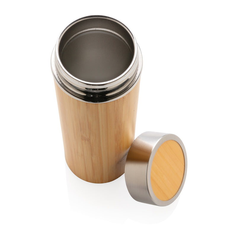 Load image into Gallery viewer, Leak-proof bamboo vacuum bottle from XD Collection, eco-friendly drinkware with a sleek bamboo exterior and secure lid.