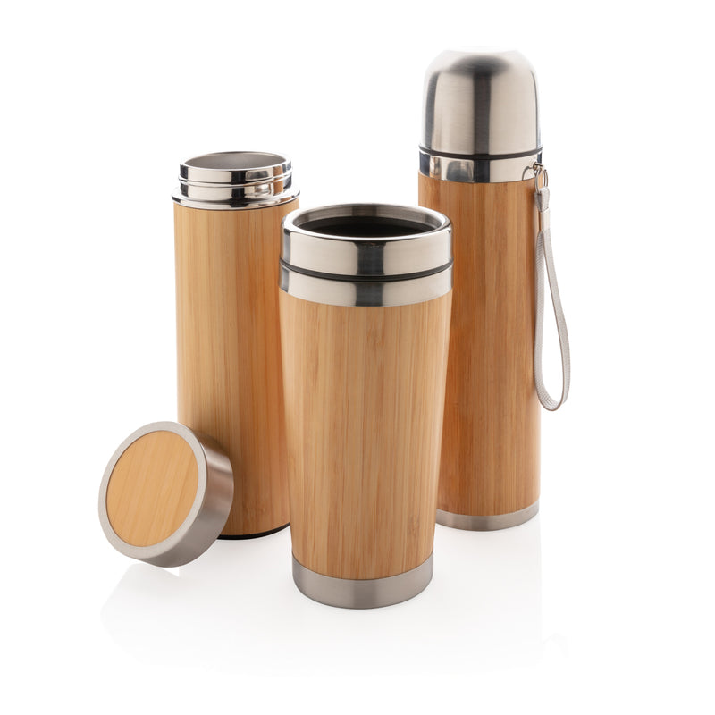 Load image into Gallery viewer, Leak-proof bamboo vacuum bottle from XD Collection, eco-friendly drinkware with a sleek design and secure lid for hot or cold beverages.