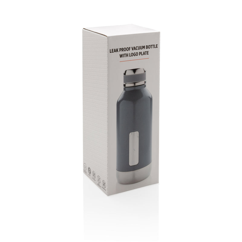 Load image into Gallery viewer, Leak-proof vacuum bottle from XD Collection with logo plate, featuring sleek drinkware design and insulated stainless steel body.
