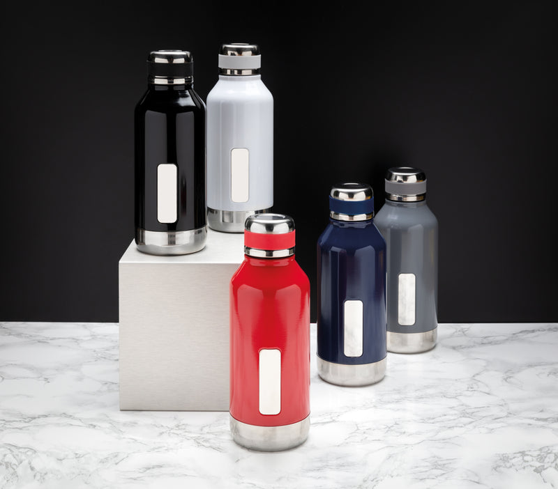 Load image into Gallery viewer, Leak proof XD Collection vacuum bottle with logo plate, showcasing sleek drinkware design and durable stainless steel construction.