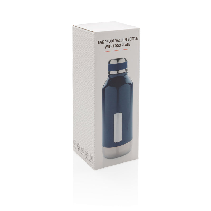 Load image into Gallery viewer, Leak-proof vacuum bottle from XD Collection with logo plate, featuring sleek drinkware design and insulated stainless steel construction.