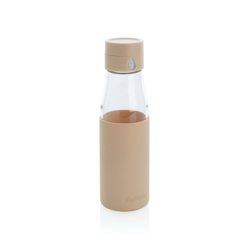 Load image into Gallery viewer, Ukiyo glass hydration tracking bottle with sleeve, clear drinkware for water with measurement markings and protective sleeve.
