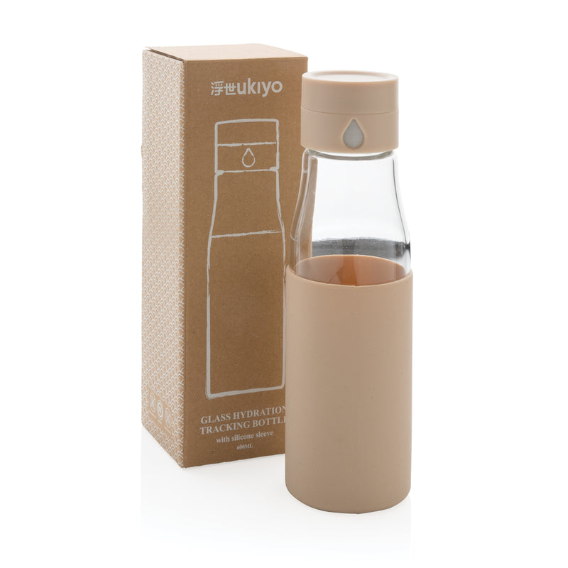 Load image into Gallery viewer, Ukiyo glass hydration tracking water bottle with sleeve, clear glass with measurement markings and protective sleeve for drinking.