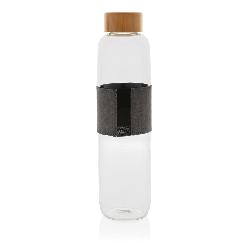 Load image into Gallery viewer, Borosilicate glass water bottle with bamboo lid from XD Collection, featuring a clear, sleek design and eco-friendly cap.