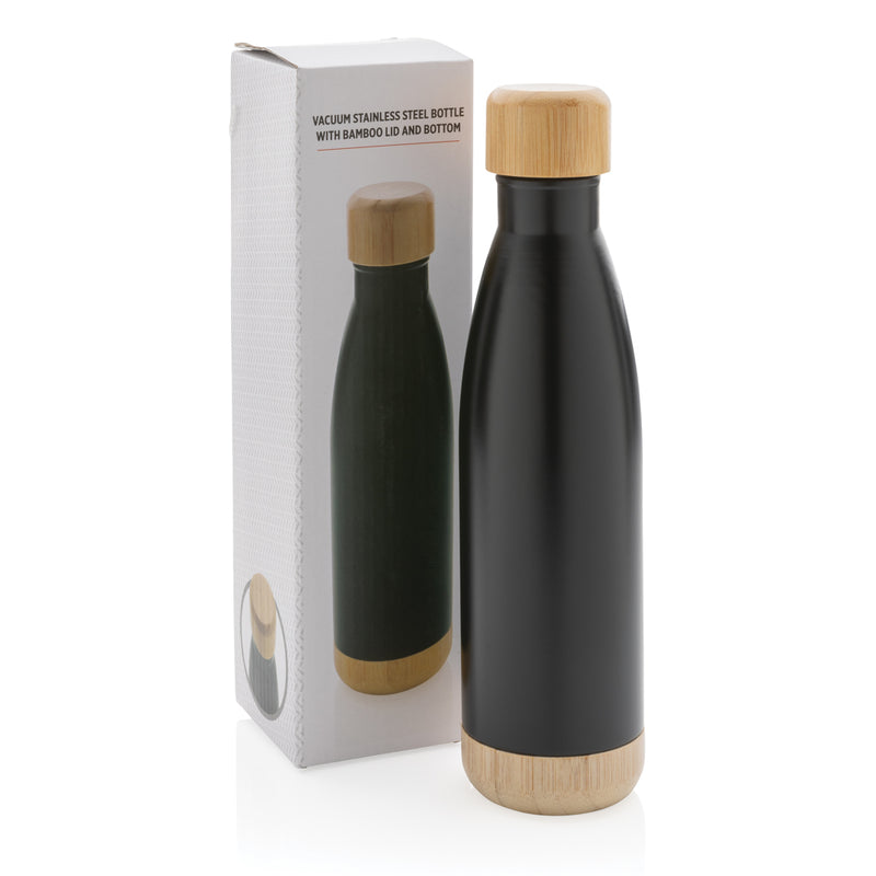 Load image into Gallery viewer, Vacuum stainless steel bottle with bamboo lid and bottom - Custom Wood Designs