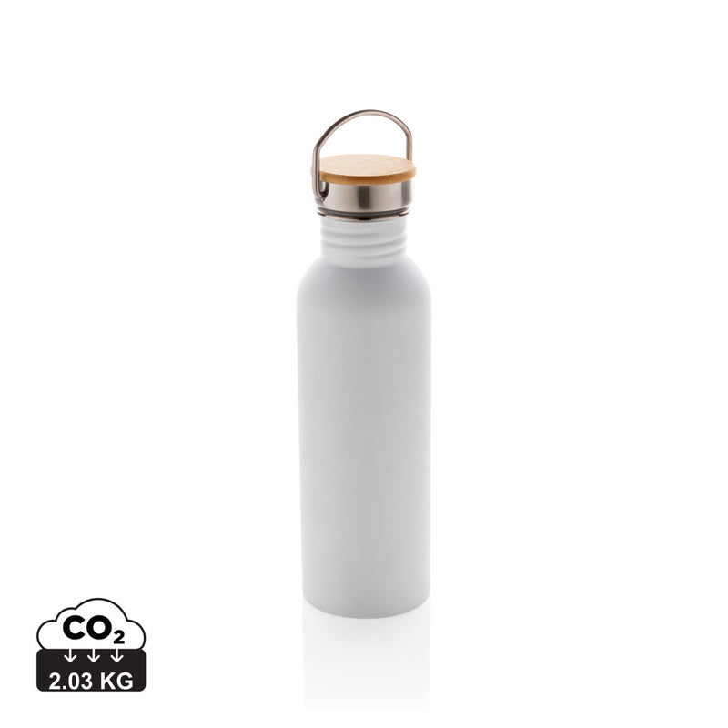 Load image into Gallery viewer, Modern stainless steel drinkware bottle with bamboo lid from XD Collection, showing sleek design and eco-friendly bamboo cap.