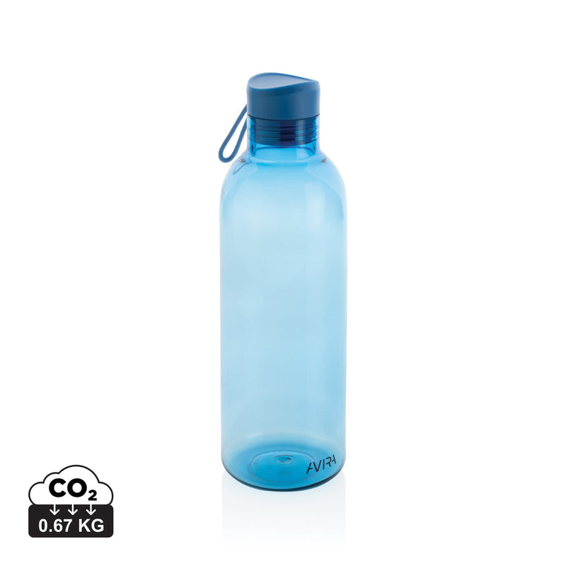 Load image into Gallery viewer, Avira Atik RCS recycled PET 1L drinkware bottle, clear plastic with blue cap, showcasing eco-friendly design and branding.
