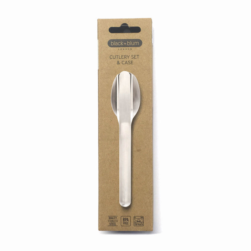 Load image into Gallery viewer, Black+Blum outdoor cutlery set with stainless steel fork, knife, and spoon arranged on a wooden surface.