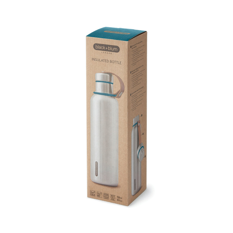 Load image into Gallery viewer, Black + Blum 750ml insulated water bottle in sleek stainless steel with a black screw-on lid and modern design.