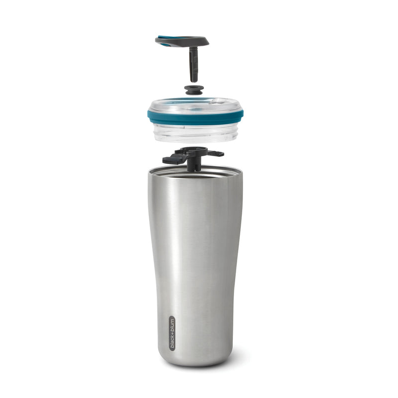 Load image into Gallery viewer, Black + Blum insulated 600ml travel tumbler with stainless steel body and black lid, designed for hot and cold beverages