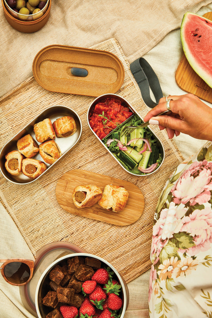 Load image into Gallery viewer, Stainless steel Double Bento Box by Black + Blum with two compartments for lunch storage on a white background
