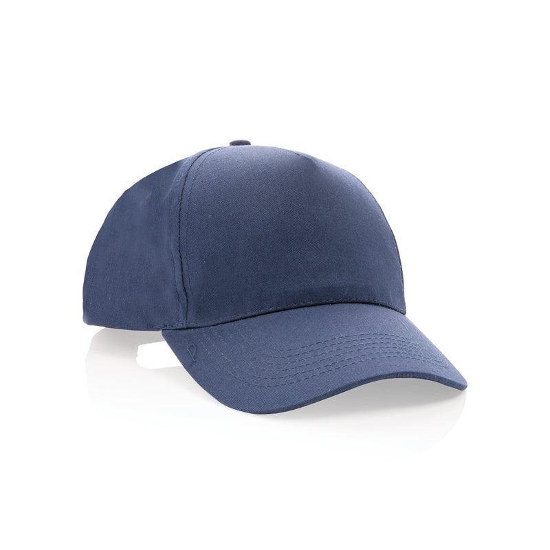 Load image into Gallery viewer, XD Collection Impact 5-panel recycled cotton cap with AWARE™ tracer, showing the black 5-panel headwear with branding details.