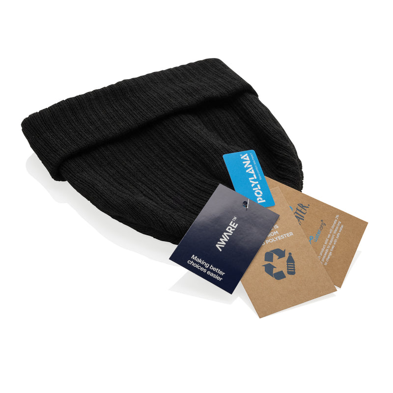 Load image into Gallery viewer, XD Collection Pryor AWARE™ Polylana® beanie with cuff, navy blue headwear with folded brim on a mannequin head.