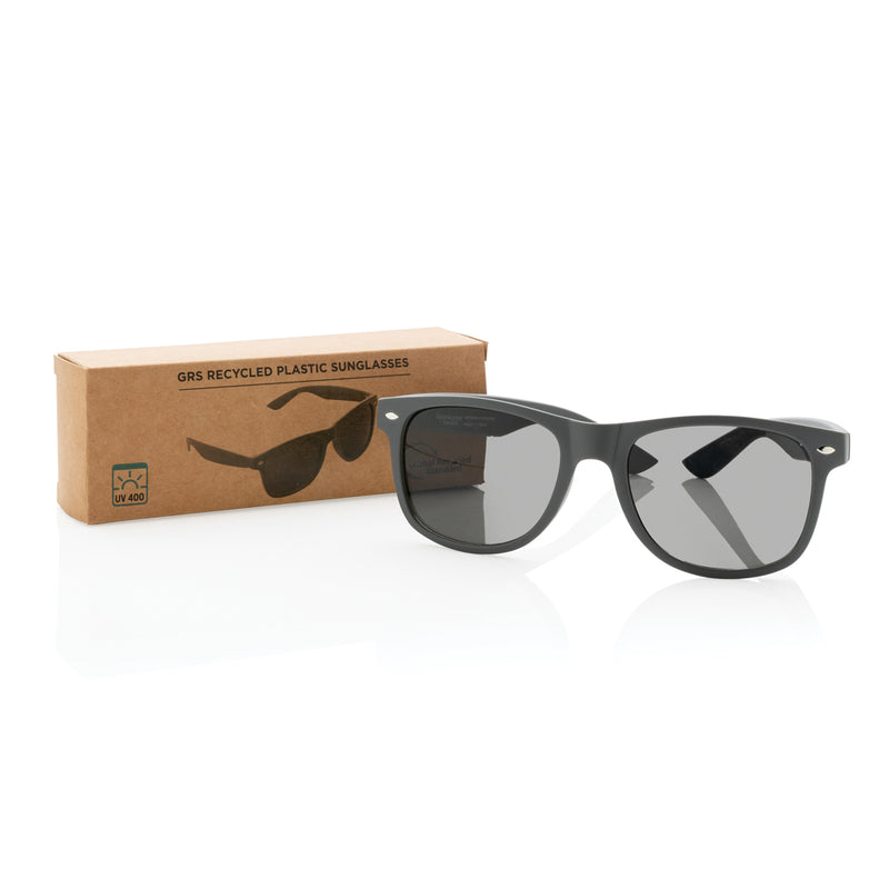 Load image into Gallery viewer, XD Collection GRS recycled PC plastic outdoor sunglasses with sleek black frames and tinted lenses.