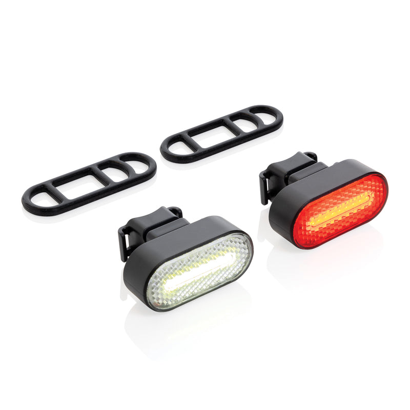 Load image into Gallery viewer, XD Collection Lumino RCS recycled plastic USB rechargeable bike light set, tools and torches, with bright LED lights for visibility.