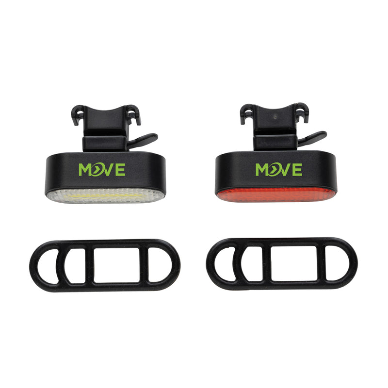 Load image into Gallery viewer, XD Collection Lumino RCS recycled plastic bike light set with USB rechargeable lights, designed for visibility and eco-friendly cycling.