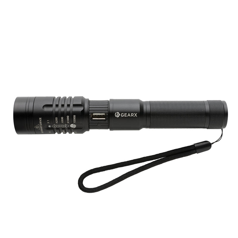 Load image into Gallery viewer, GearX USB rechargeable torch with bright LED light, compact tool for outdoor or emergency use, displayed with a black handle.