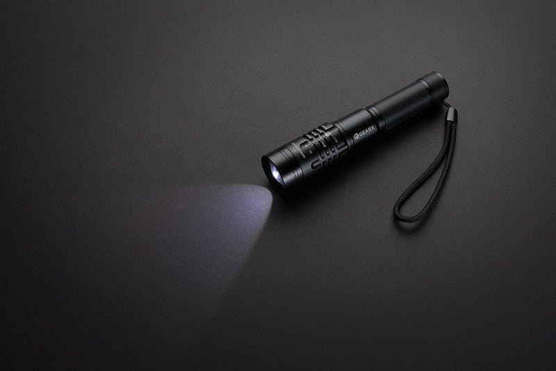 Load image into Gallery viewer, GearX USB rechargeable torch with black handle and adjustable focus, suitable for outdoor and emergency lighting.