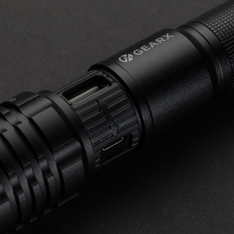 Load image into Gallery viewer, Gear X USB rechargeable torch with black handle, compact design, and adjustable focus for outdoor and emergency use.