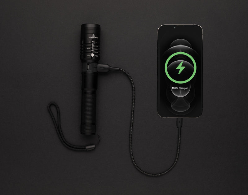 Load image into Gallery viewer, GearX USB rechargeable torch with adjustable focus and bright LED light, designed for versatile outdoor and emergency use.