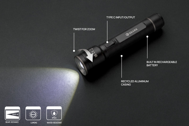 Load image into Gallery viewer, GearX RCS large recycled aluminum USB-rechargeable torch with adjustable focus, durable tool for outdoor and emergency use.