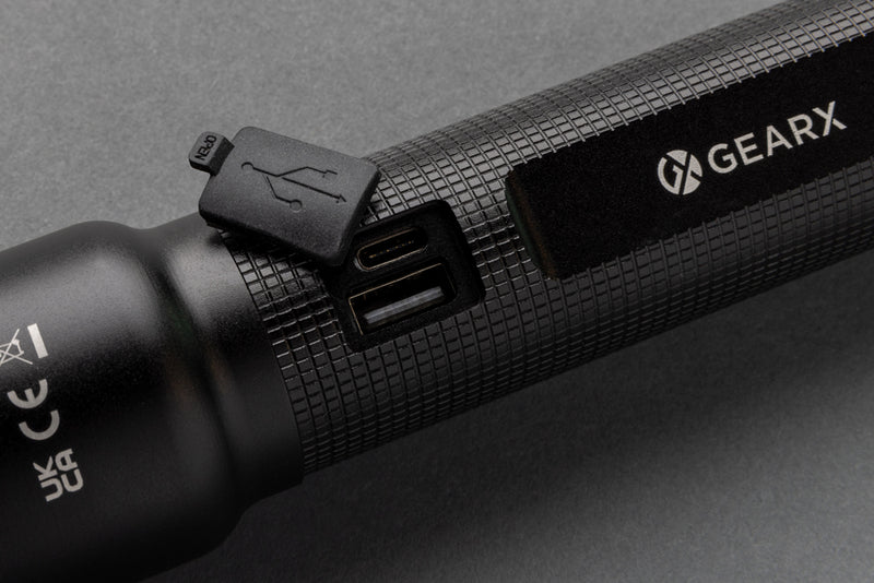Load image into Gallery viewer, GearX RCS recycled aluminum USB rechargeable heavy-duty torch with bright LED light, durable construction, and ergonomic design.