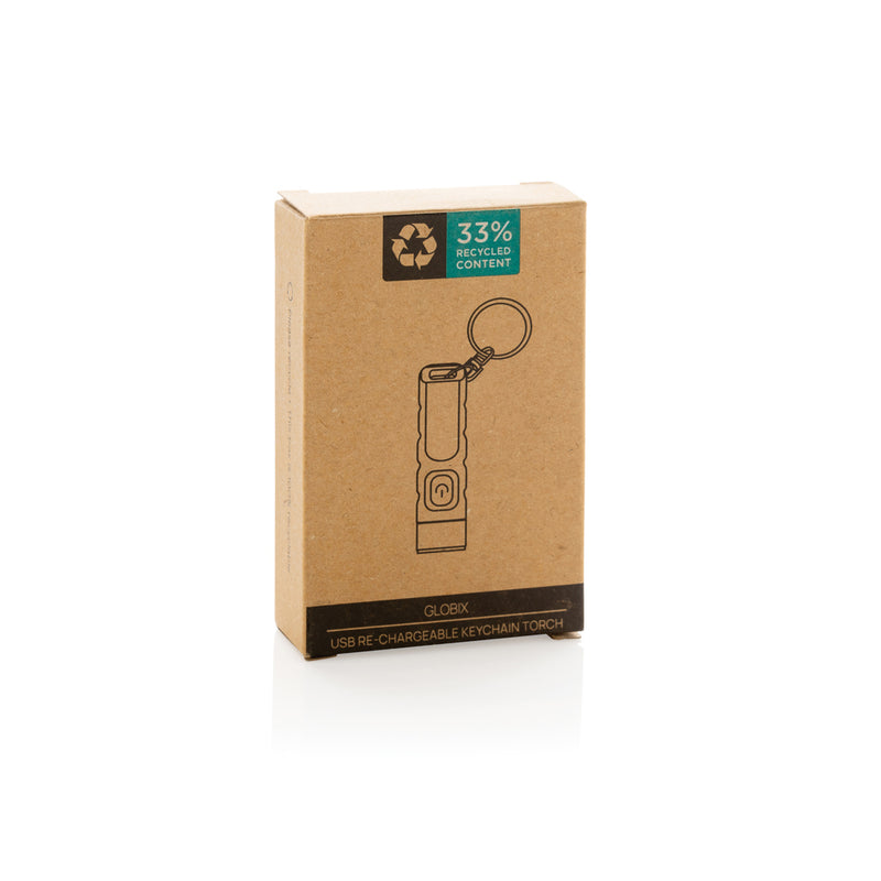 Load image into Gallery viewer, XD Collection Globix RCS recycled plastic USB rechargeable keychain torch, compact tool with LED light and keychain attachment.