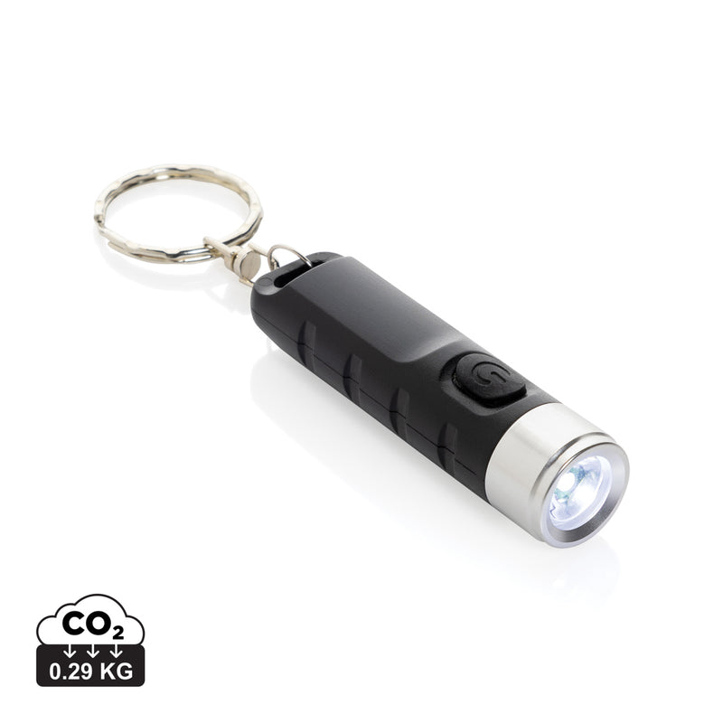 Load image into Gallery viewer, XD Collection Globix RCS recycled plastic USB rechargeable keychain torch, compact tool with LED light for portable illumination.