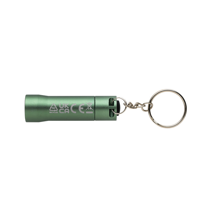 Load image into Gallery viewer, Recycled aluminium keychain torch from XD Collection, compact tools and torches with bright LED light on a keyring.