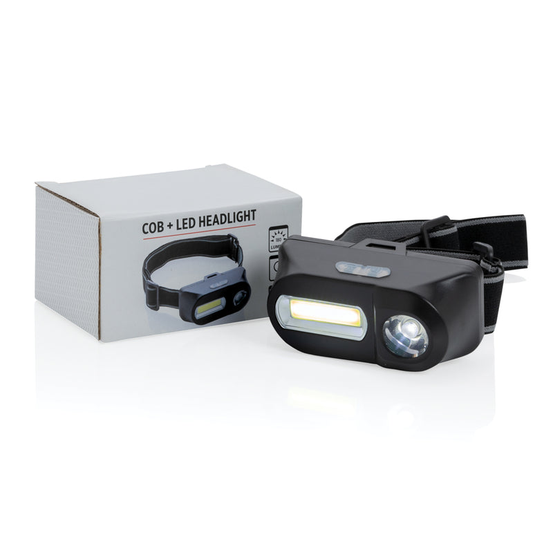 Load image into Gallery viewer, XD Collection COB and LED headlight showing adjustable strap and bright light beam for hands-free illumination.