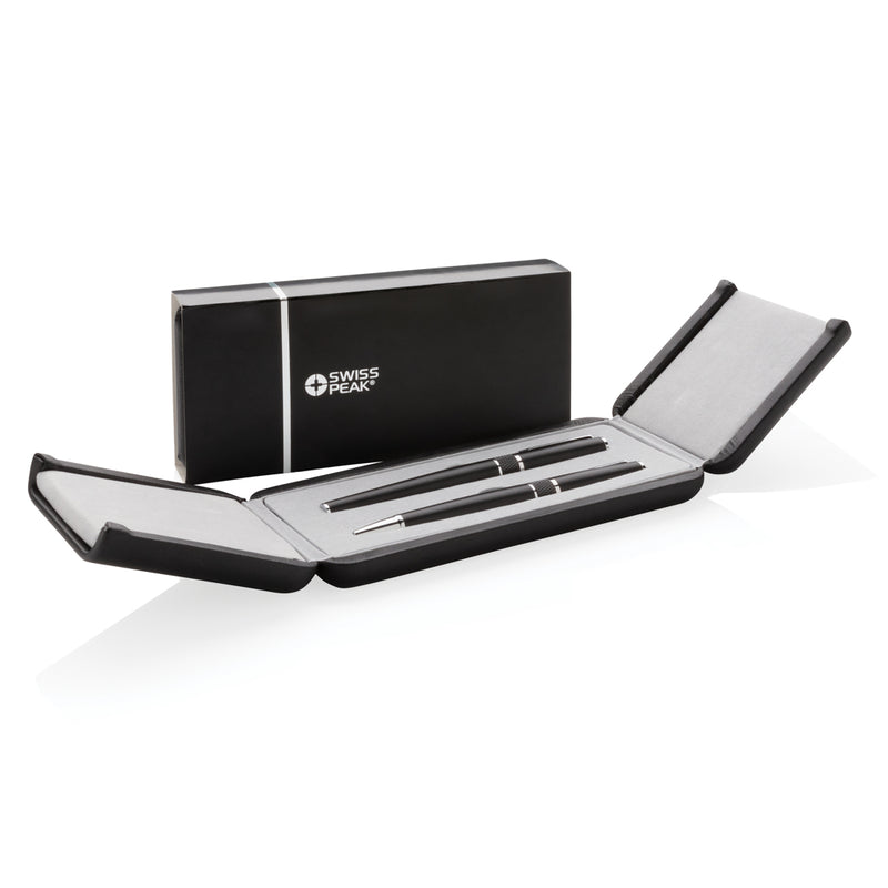 Load image into Gallery viewer, Swiss Peak deluxe pen set featuring elegant writing instruments with silver accents and black barrels, perfect for professional use.