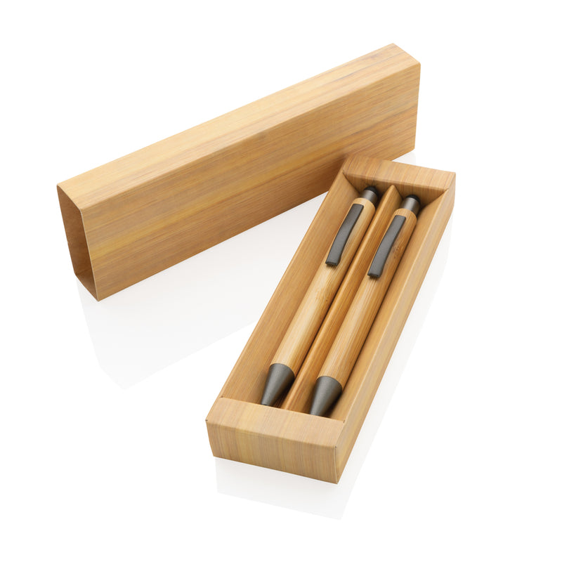 Load image into Gallery viewer, Bamboo modern pen set by XD Collection displayed in a box, featuring sleek writing instruments with a natural bamboo finish.