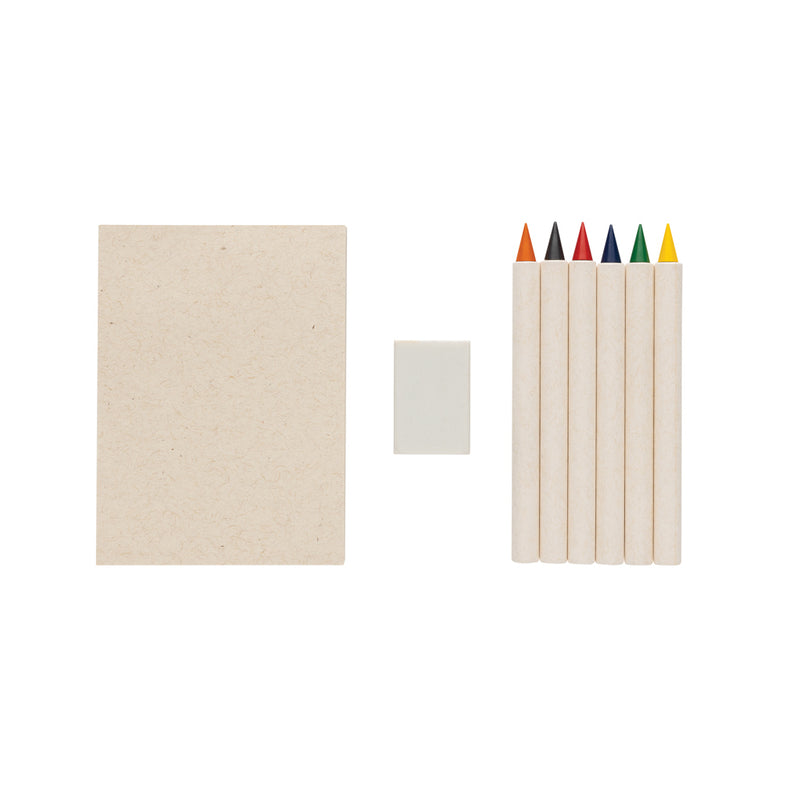 Load image into Gallery viewer, XD Collection Micki GRS infinity 6-piece coloring pencil set with notepad, showing colorful pencils and notepad on a white background.
