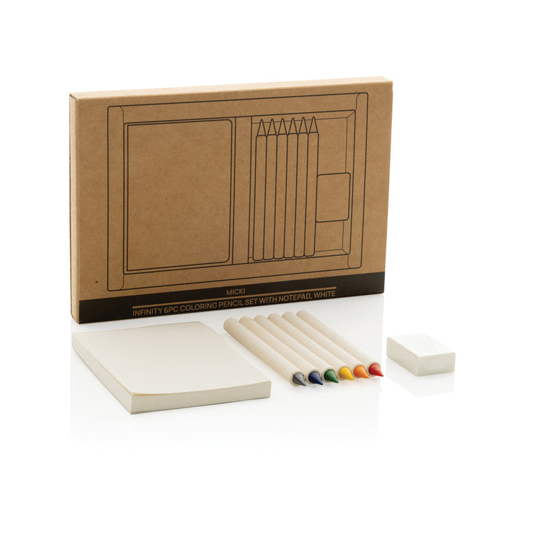 Load image into Gallery viewer, XD Collection Micki GRS infinity 6-piece coloring pencil set with notepad, featuring colorful pencils and a small notepad for drawing.