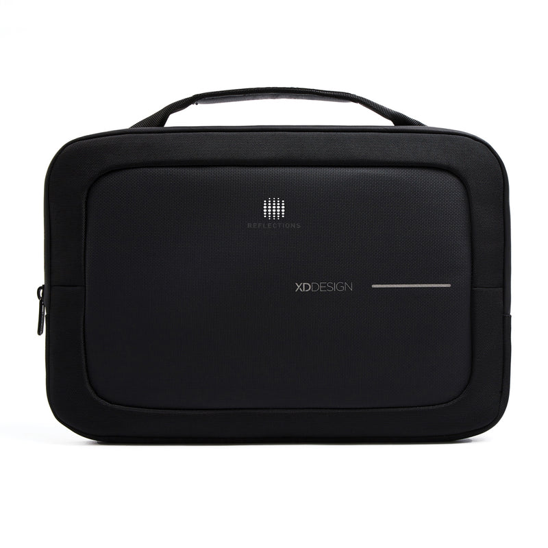 Load image into Gallery viewer, XD Design 14-inch laptop bag showing sleek black fabric with adjustable shoulder strap and multiple compartments for travel accessories.