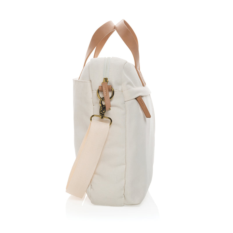 Load image into Gallery viewer, 16 oz recycled canvas laptop bag from XD Collection featuring a spacious main compartment and adjustable shoulder strap.