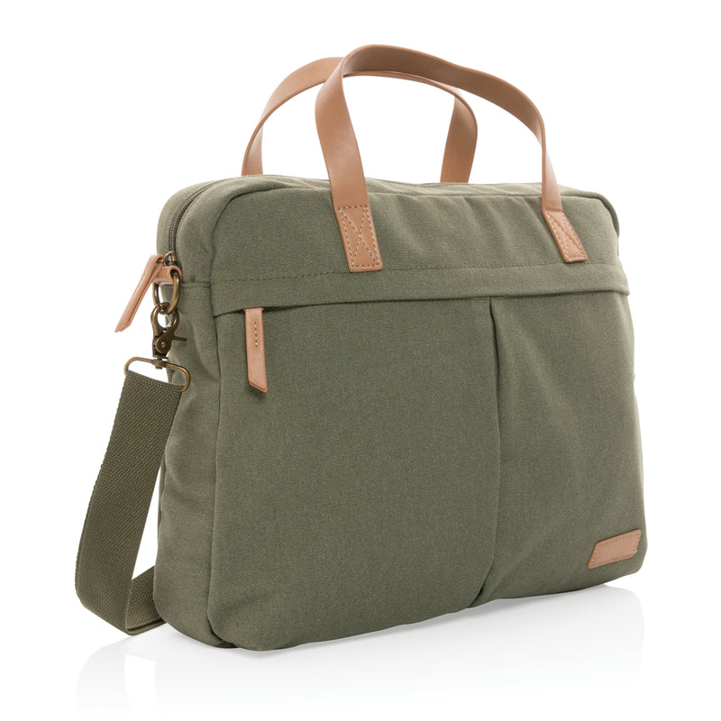 Load image into Gallery viewer, 16 oz recycled canvas laptop bag by XD Collection, featuring a durable design with zippered compartments and carrying handles.