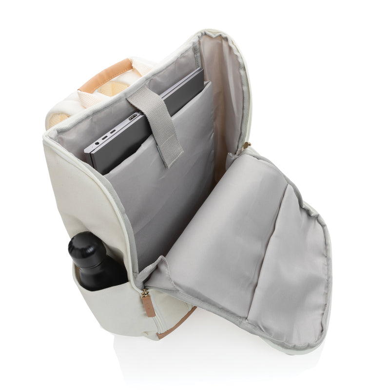 Load image into Gallery viewer, 16 oz recycled canvas laptop backpack from XD Collection, 15-inch bag with multiple compartments and sturdy shoulder straps.