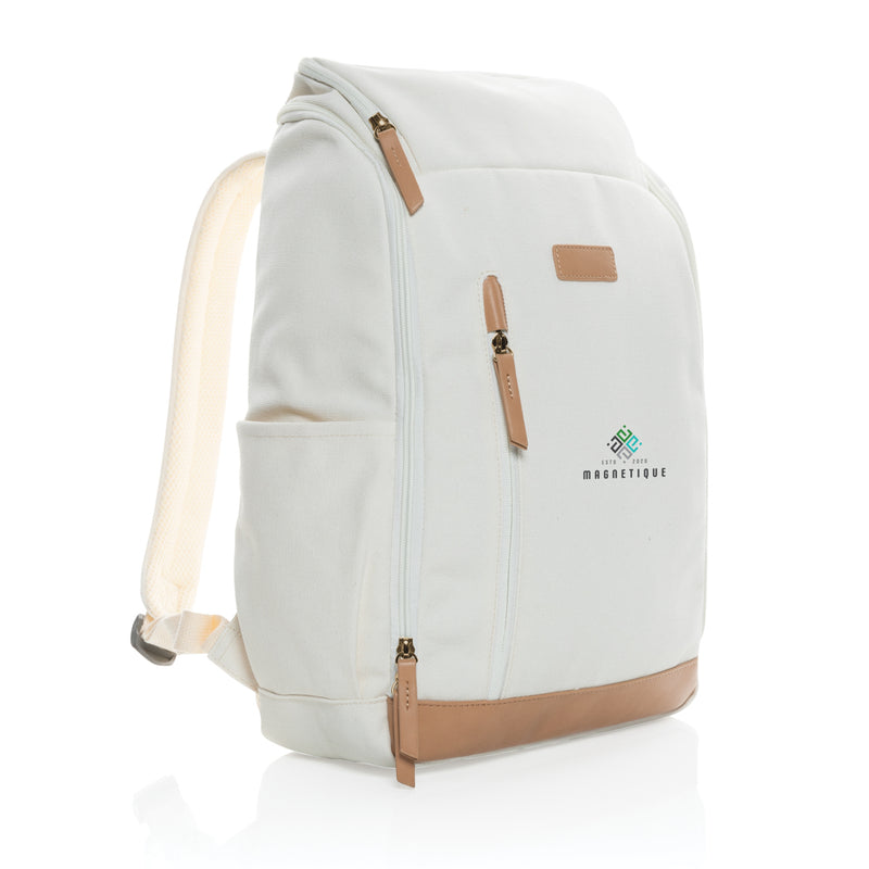 Load image into Gallery viewer, 16 oz recycled canvas laptop backpack by XD Collection with multiple compartments and padded straps, 15-inch size.