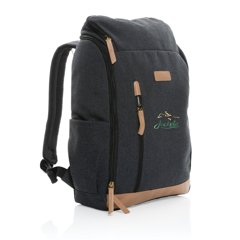Load image into Gallery viewer, 16 oz recycled canvas laptop backpack by XD Collection, 15-inch size, with multiple compartments and adjustable straps.