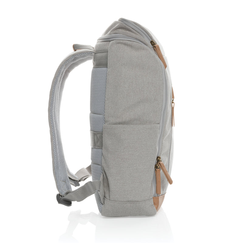 Load image into Gallery viewer, 16 oz recycled canvas laptop backpack by XD Collection, 15-inch size, with multiple compartments and adjustable straps.