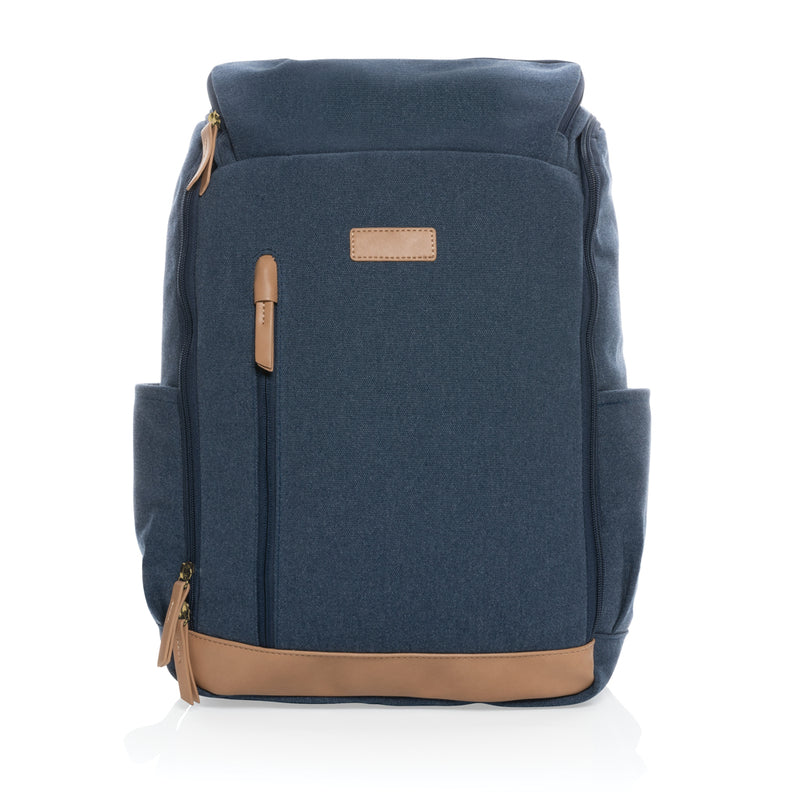 Load image into Gallery viewer, 16 oz recycled canvas laptop backpack by XD Collection, 15-inch size, with multiple compartments and adjustable straps.