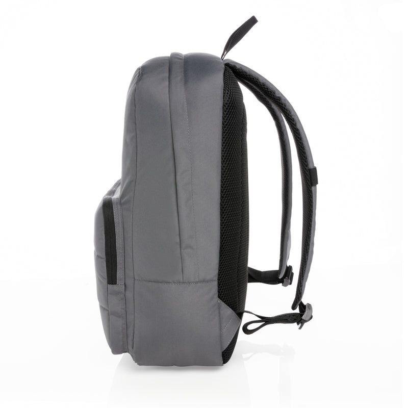 Load image into Gallery viewer, XD Xclusive Impact AWARE™ RPET 15.6-inch laptop backpack showing padded compartments and eco-friendly design in black fabric.