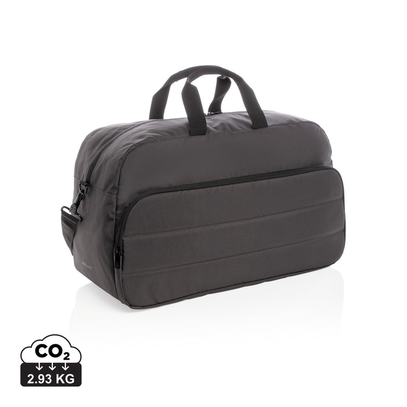 Load image into Gallery viewer, XD Xclusive Impact AWARE™ RPET weekend duffel bag in black with shoulder strap and spacious main compartment for travel and weekend trips.