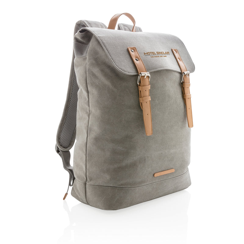 Load image into Gallery viewer, Canvas laptop backpack by XD Collection, PVC-free bag with multiple compartments and adjustable straps for travel and daily use.