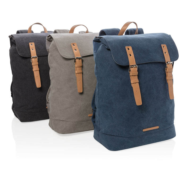 Load image into Gallery viewer, PVC-free Canvas laptop backpack from XD Collection in gray with adjustable straps and multiple compartments for travel and daily use.