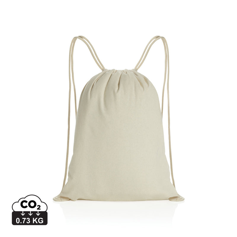 Load image into Gallery viewer, Recycled cotton drawstring backpack by XD Collection, Impact AWARE™ eco-friendly bag with black drawstrings and spacious interior.