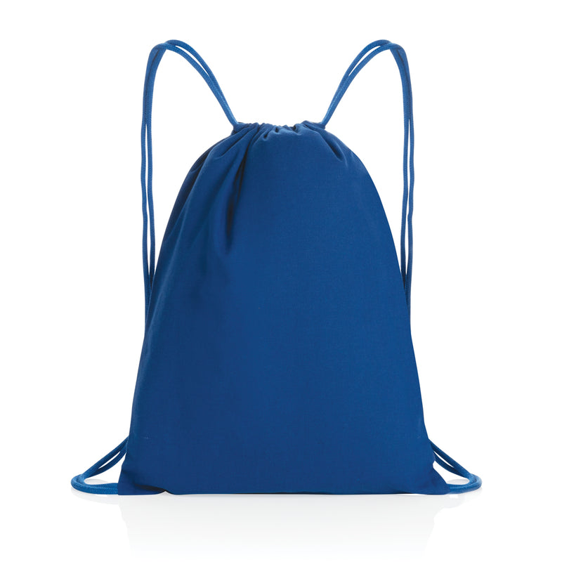 Load image into Gallery viewer, Recycled cotton drawstring backpack from XD Collection Impact AWARE™ in 145g with black drawstrings and eco-friendly design.